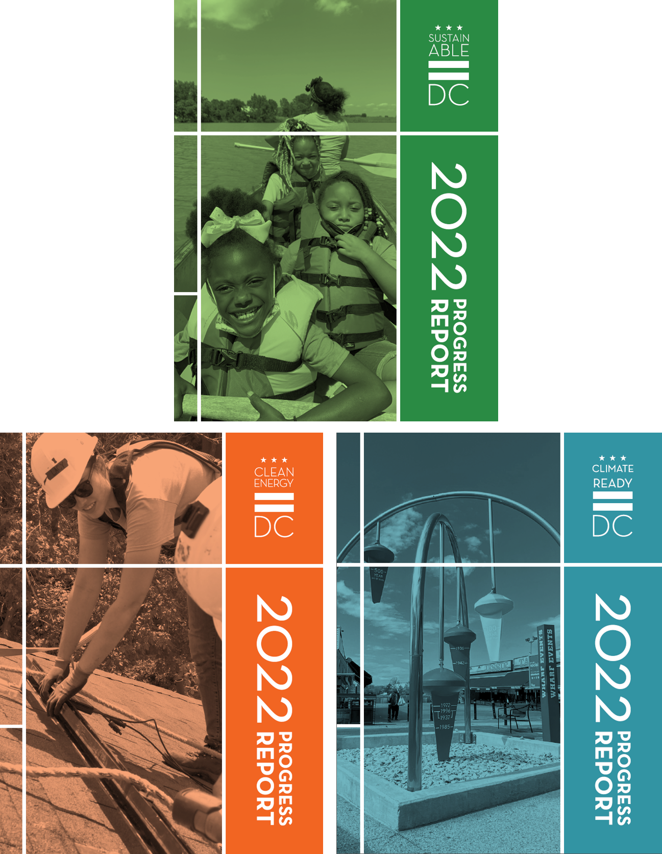 2022 Progress Report covers for Sustainable DC, Clean Energy DC, and Climate Ready DC