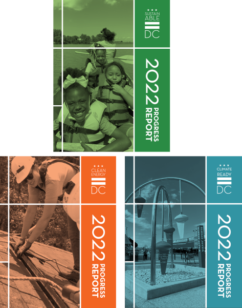 2020 Progress Report covers for Sustainable DC, Clean Energy DC, and Climate Ready DC