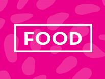 Food The word "Food" in a white box, on a fuchsia background.